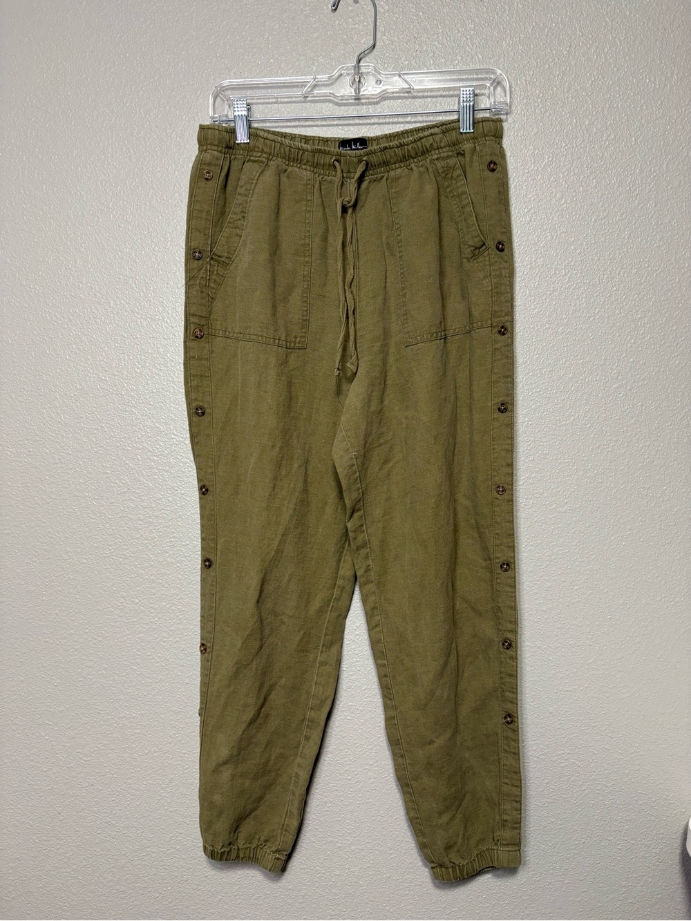 Nicole Miller Linen Blend Side Button Utility Jogger Pants Olive Green Sz Medium